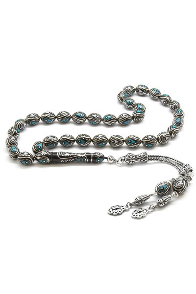 Tesbihane 925 Ayar Gümüş Püsküllü Gümüş Firuze Mine İşlemeli Erzurum Oltu Taş...