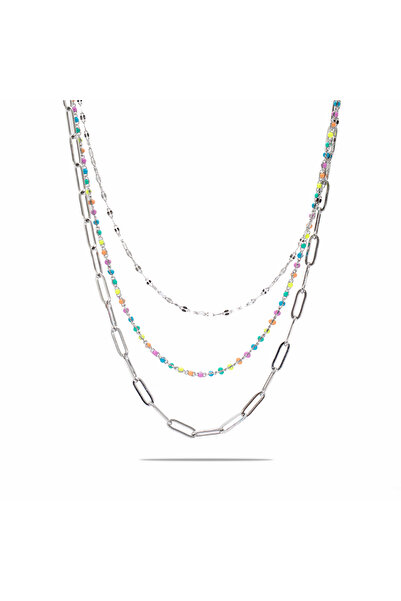 Tesbihane Gümüş Renk Kararmaz Metal Zincirli Çok Renkli Doğaltaş Kombinasyonl...