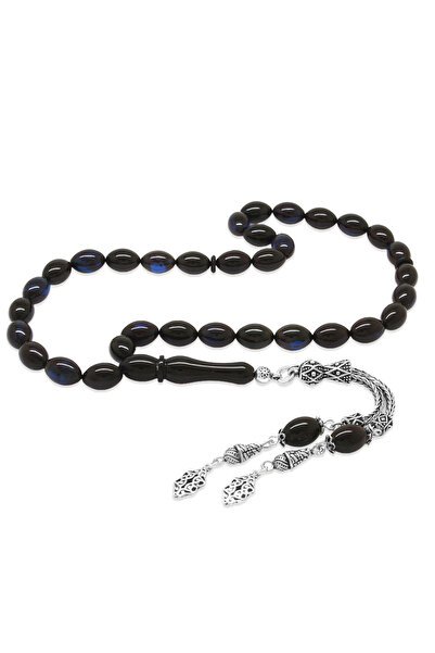 Tesbihane 925 Ayar Gümüş Çift Püsküllü Arpa Kesim Mavi Siyah Sıkma Kehribar T...