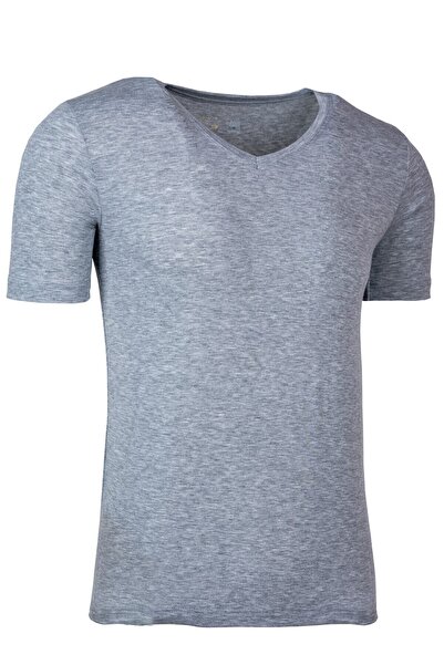 BSM Ανδρικό μπλουζάκι με λαιμόκοψη V, βαμβακερό γκρι σώμα