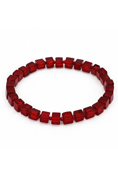 Tesbihane Flag Red Cube Cut Natural Drop Amber Women's Bracelet