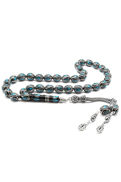 Tesbihane 925 Ayar Gümüş Püsküllü Gümüş Firuze İşlemeli Arpa Kesim Erzurum Ol...