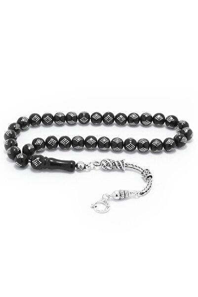 Tesbihane 925 Ayar Gümüş Püsküllü Gümüş Baklava Deseni İşlemeli Rus Oltu Tesbih