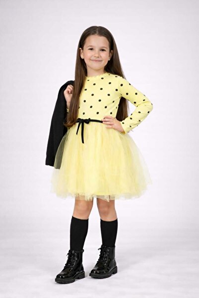 neocotton Rochie din tul pentru fetiță cu mâneci lungi cu buline pentru anive...