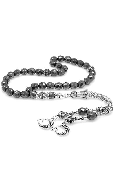 Tesbihane Non-Tarnish Metal Tasseled Globe Cut Facet Hematite Natural Stone R...