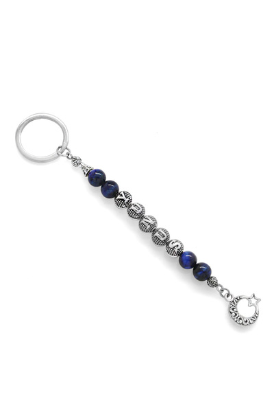 Tesbihane Kararmaz Metal Isim Yazılı Mavi Kaplangözü Doğaltaş & Çelik Kombinl...