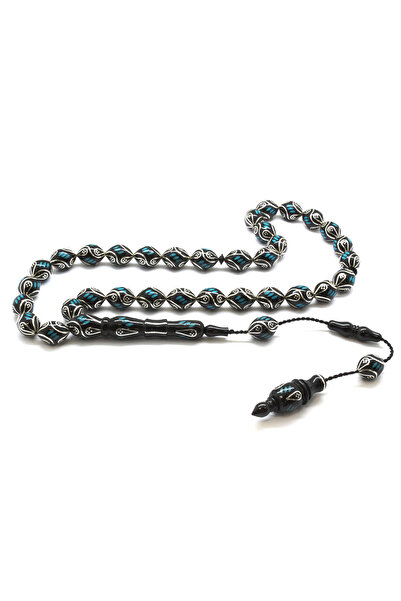 Tesbihane Kumpas İşçilikli Gümüş Firuze İşlemeli Arpa Kesim Erzurum Oltu Taşı...