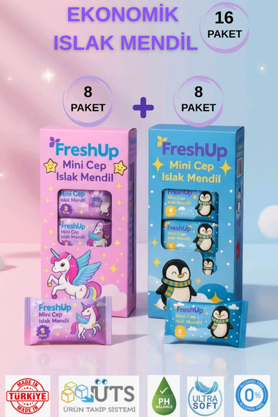 FRESHUP MİANO MİNİ CEP ISLAK CEP MENDİL 16'LI EKONOMİK PAKET