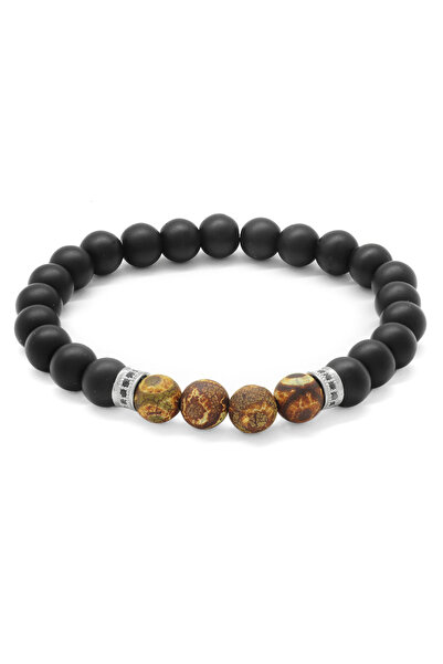 Tesbihane Sphere Cut Onyx Tibetan Agate Combined Natural Stone Men's Bracelet