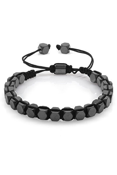 Tesbihane Macrame Braided Hexagonal Prism Design Hematite Natural Stone Men's...