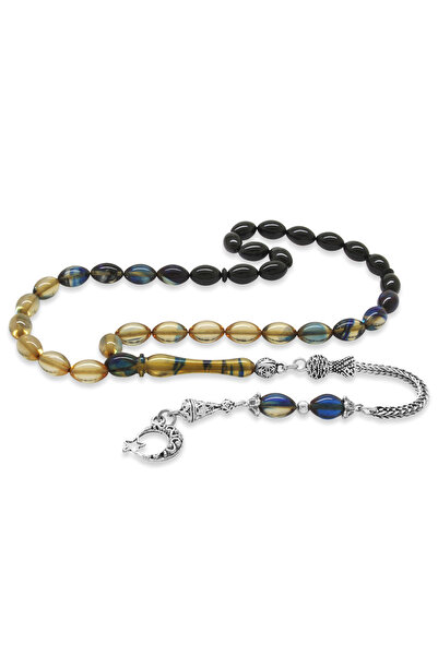 Tesbihane Χάντρες προσευχής από μεταλλικό κρύσταλλο με φούντες, μπλε-λευκό, φ...