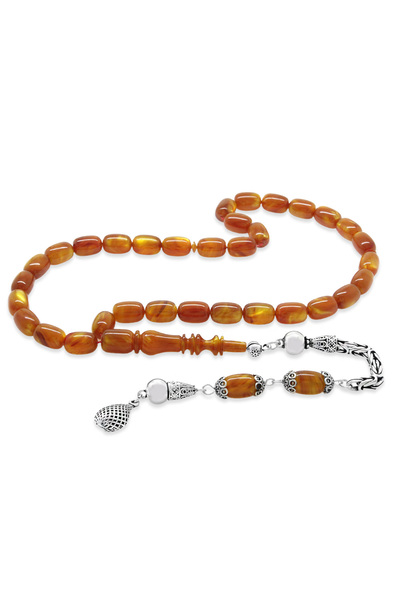 Tesbihane 925 Ayar Gümüş Kral Püsküllü Kapsül Kesim Turuncu Kahverengi Sedefl...