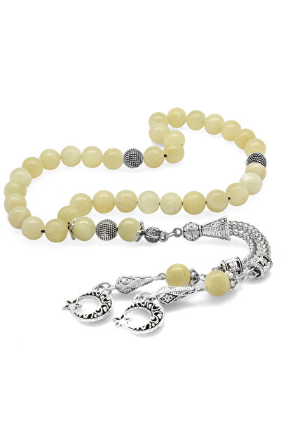 Tesbihane Kararmaz Metal Ayyıldız Püsküllü Küre Kesim Kalsit Doğaltaş Tesbih