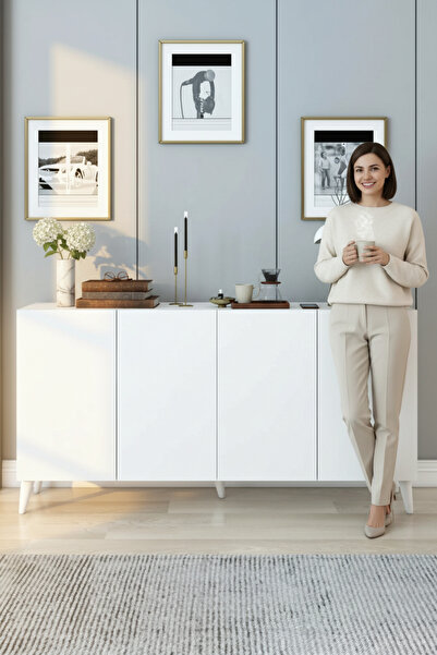 izcodesign 4 Kapaklı Beyaz Konsol – Modern Şık Salon Dolabı | Çok Amaçlı Depolama Ünitesi