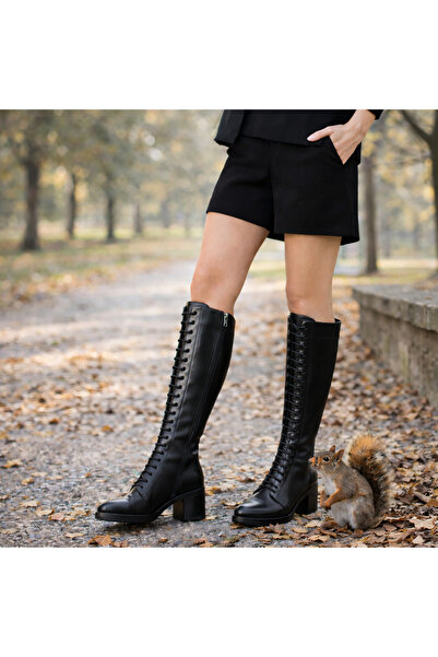 TwoEgoist Kadın Siyah Hakiki Deri Bağcıklı Fermuarlı Topuklu Diz Altı Çizme –...