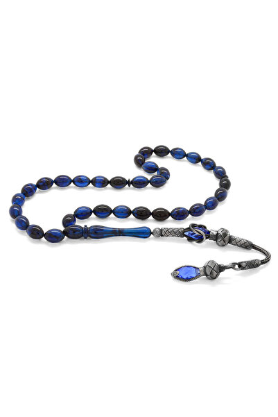 Tesbihane 1000 Ayar Gümüş Kazaz Püsküllü Arpa Kesim Mavi Siyah Sıkma Kehribar...