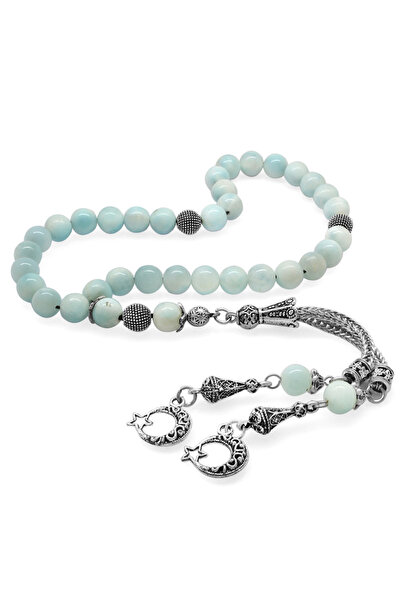 Tesbihane Non-Tarnish Metal Crescent Star Tasseled Globe Cut Larimar Natural ...