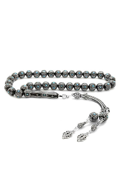 Tesbihane 925 Ayar Gümüş Püsküllü Küre Kesim Yoğun Gümüş Firuze İşlemeli Erzu...