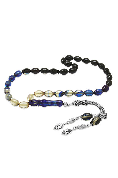 Tesbihane 925 Ayar Gümüş Çift Püsküllü Arpa Kesim Süzme Mavi Beyaz Ateş Kehri...