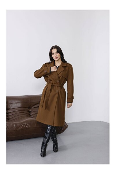 Elif Özbey Butik Kahve Omuzu Düğmeli Premium Kaban