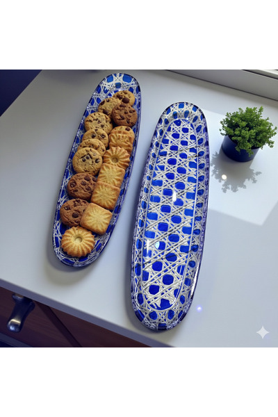 AYZ HOME Set of 2 Cut Crystal Glass Blue Boat Plate Serving Presentation Plate