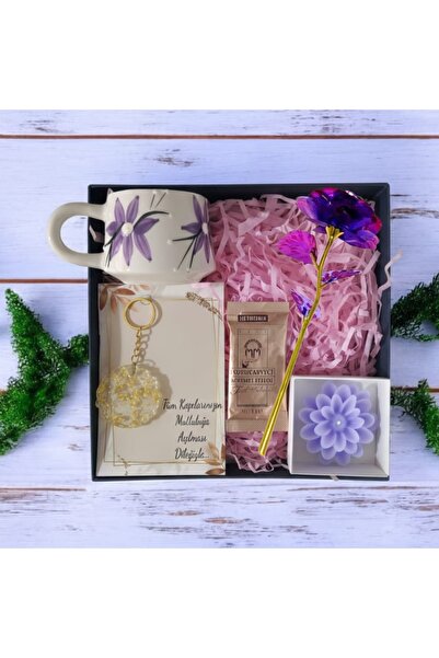 MARMORİ MOR ÇİÇEKLİ EL YAPIMI KUPA EPOKSİ ANAHTARLIK HEDİYE SETİ