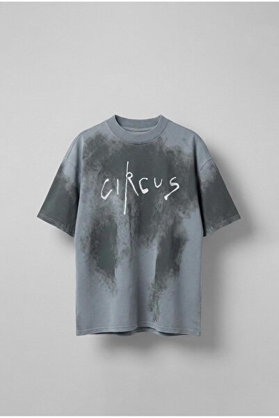 ablukaonline Men's Cirsus Printed Washed Oversize T-Shirt Gray