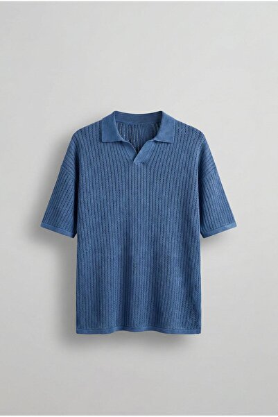 ablukaonline Men's Polo Neck Regular Fit Knitwear T-Shirt Dark Blue