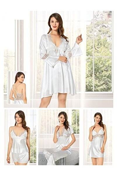 Duchesse Kadın Kutulu Ekru Saten Gecelik Sabahlık Pijama Takım Şort Takım 6'l...