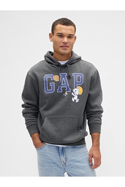 GAP Erkek Koyu Gri Peanuts Relaxed Logo Sweatshirt