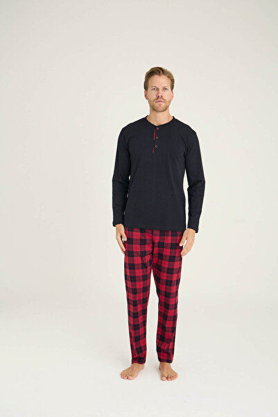 KLY 100% Cotton Men's Midi Collar Long Sleeve Pajama Set Stylish Design