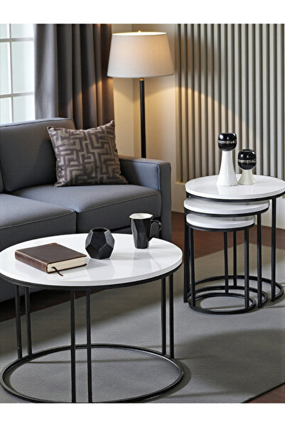 SEDAŞ LIVING UNITS 4 Lü Beyaz Suntalam Siyah Metal Ayaklı Cam C Model Sehpa T...