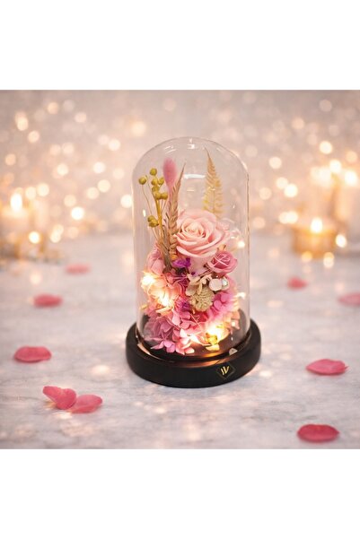 velve Buchet de trandafiri criogenat in cupola de sticla cu LED, roz, 21X12,