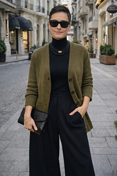 ZEYN ESTİLO Kadın V Yaka Düğmeli Gizli Cep Detaylı Triko Hırka