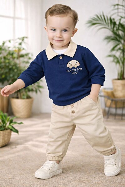 Babexi Polo Yaka Araba Figürlü Geniş Kalıp 2li Erkek Bebek/Çocuk Takım