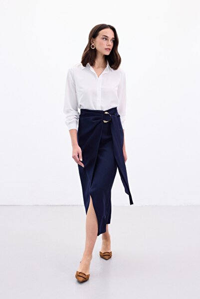 Sateen Accessory Belted Slit Skirt - Navy Blue