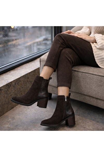 TwoEgoist Women's Dark Brown Genuine Suede Leather 7.5 cm Heeled Handmade Sty...
