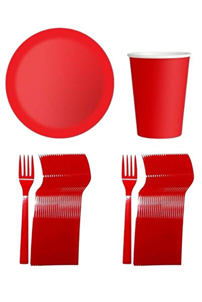 mercantoptan Kırmızı Plastik 25 Tabak 25 Bardak 25 Çatal Set