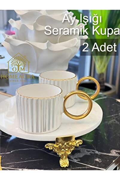 AuraStile Seramik Kupa Bardak Altın Yaldızlı Kahve Hediyelik 180 ml 2 Adet