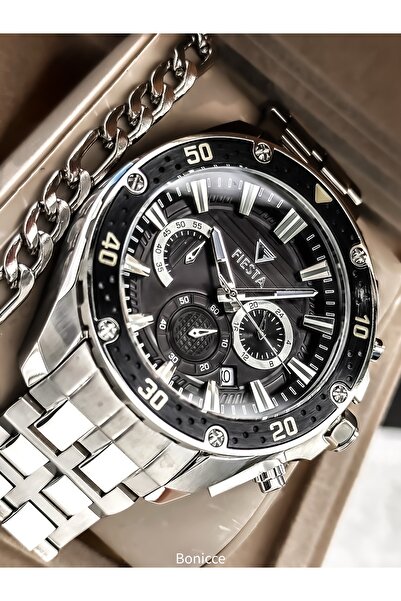 Fiesta Black Dial, Silver Color, Steel Band Functions Active Black Color Men'...
