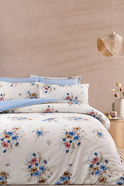 İQON طقم غطاء لحاف مع ملاءة مطاطية مزدوجة اللون أزرق باقة