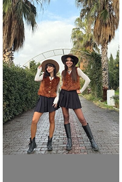 yoe butik Düğmeli Kahverengi Peluş Örme Yelek