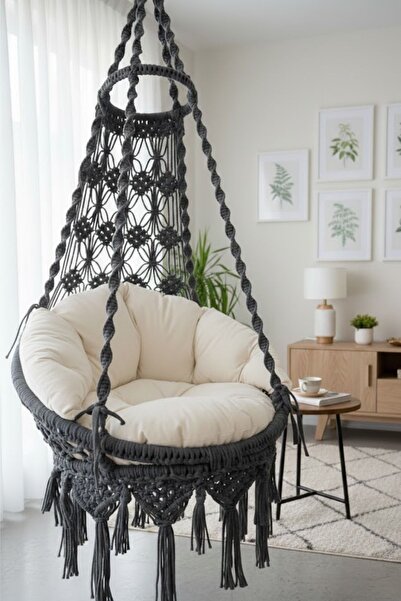 WOODSHUT Tek Kişilik Makrome El Örgüsü Salıncak Antrasit MİS38004 (Sadece Sal...