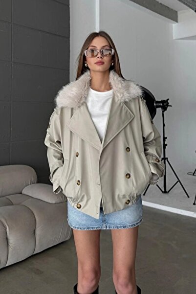 ALFUDO Moda Collection Fur Collar Elastic Waist Trench