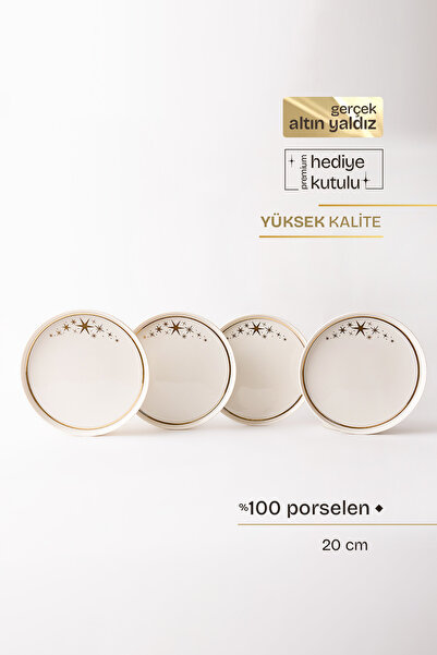 TUSE LIVING Sparkle Gerçek Altın Yaldızlı Yıldız Desenli 4' lü Porselen Pasta...