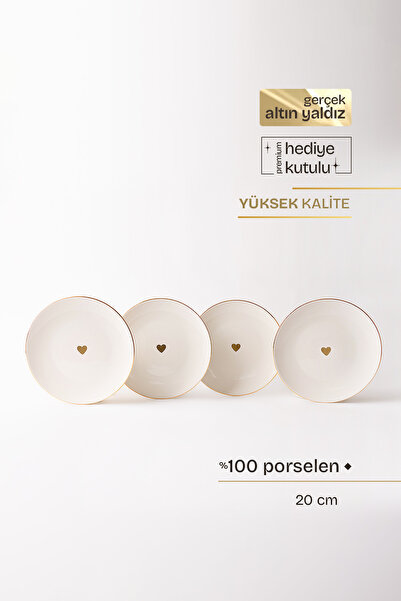 TUSE LIVING Golden Hearts Gerçek Altın Yaldızlı Kalpli 4' lü Porselen Pasta T...