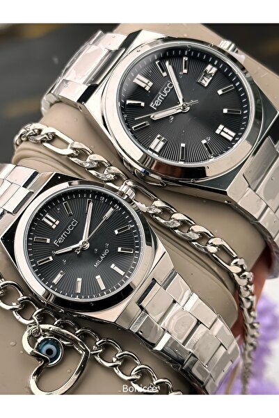 Ferrucci Çelik Kordon Siyah Rose Renk, Sevgili Saatleri + Tesbih Bileklik