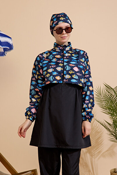 GAVLİA Women's Hijab Swimsuit Set of 4 with Half-Cover Zipper.