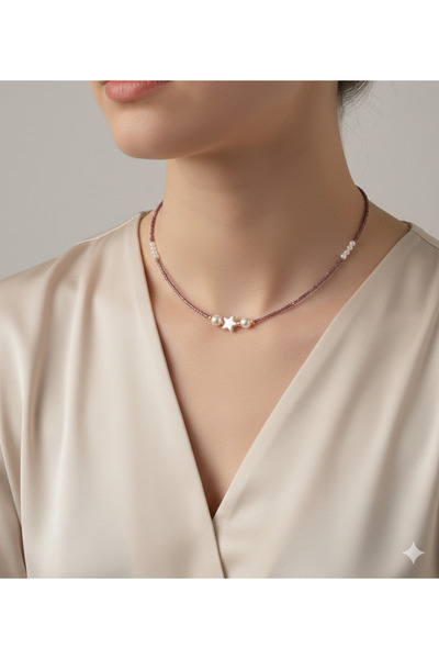 liva atelier İncili ve Yıldız Detaylı Kum Boncuk Kolye