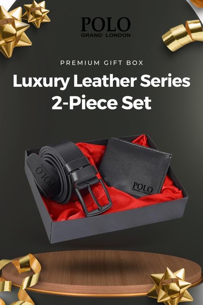 POLOGRAND London Original Men's 2-Piece Special Gift Boxed Set Trendy Model Gift Special Box Gift for Lover Father-In-Law Groom's Gift Birthday Special Day Gift Luxury Soft Leather Classic Black Stylish Belt Wallet Set